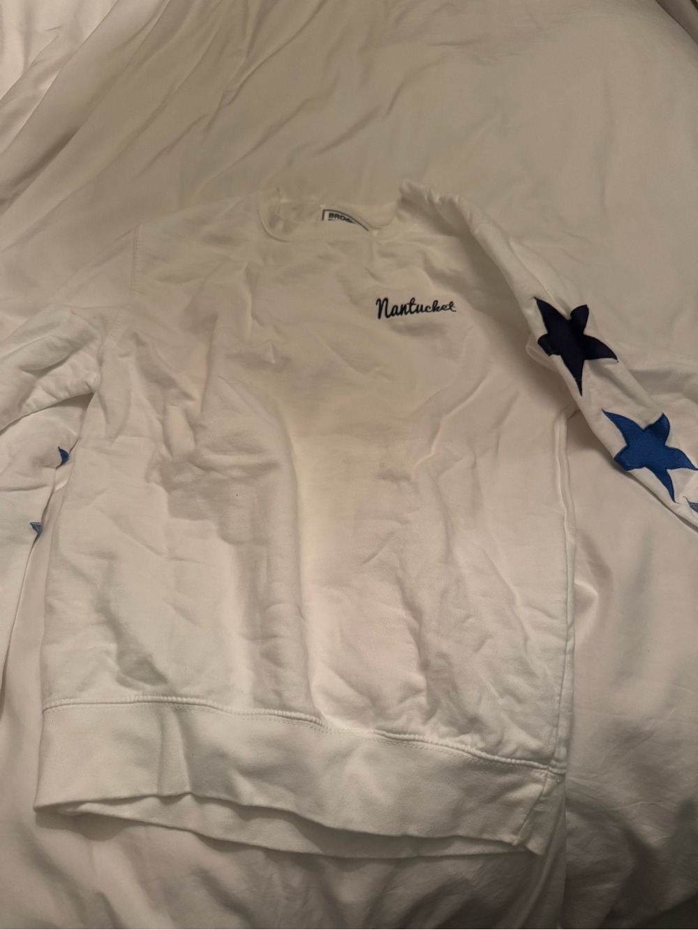 Nantucket White Crewneck Sweatshirt with Blue Star Sleeves